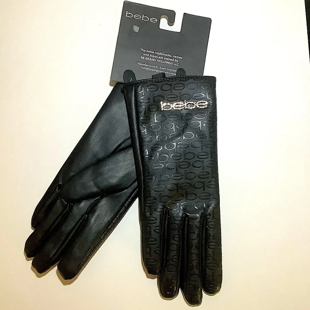 BEBE Black Crystal Logo Ladies Gloves S/M New